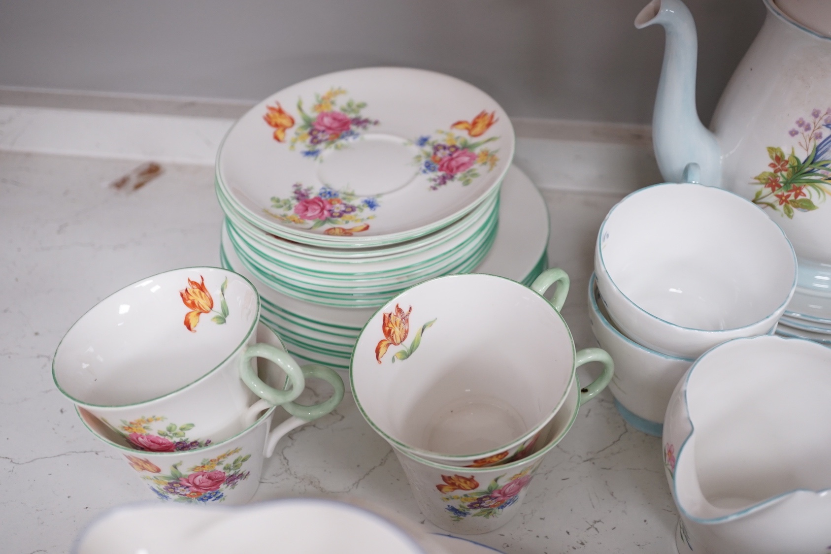 Large quantity of Shelley tea wares to include Syringo 12025, Wild Flowers 2823, Hydrangea 12318, WR 078 and Wild Flowers 13668